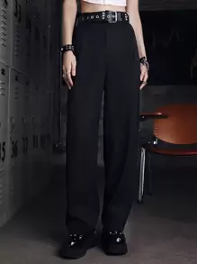 ROMWE Grunge Punk 素色直筒褲不附腰帶 - 黑色 - 查看 1