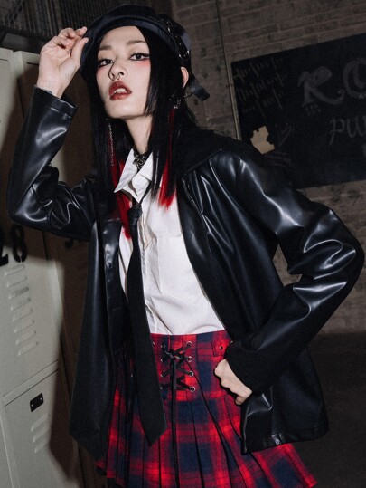 Grunge Punk Manteau en PU avec boutons devant, pour l'école