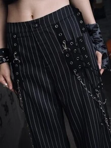 ROMWE Grunge Punk Pantalones con decoración de cadena a rayas, para la escuela