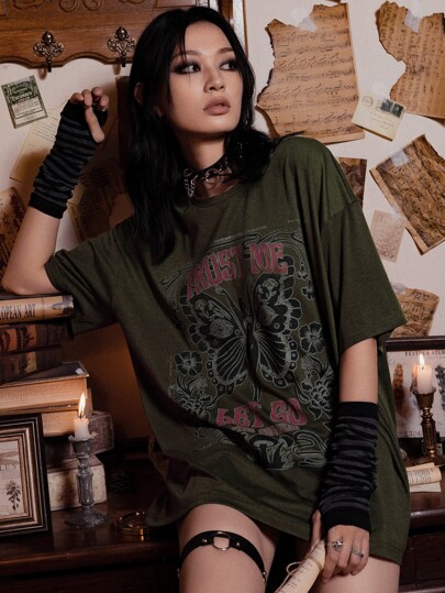 Ashley Baxter Dark Academia Letter Butterfly Graphic Drop Shoulder Tee