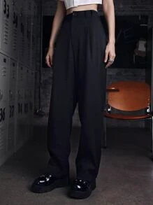 ROMWE Grunge Punk 素色直筒褲不附腰帶 - 黑色 - 查看 4