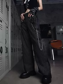 ROMWE Grunge Punk Pantalones con decoración de cadena a rayas, para la escuela