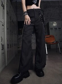 ROMWE Grunge Punk Pantalones con decoración de cadena a rayas, para la escuela