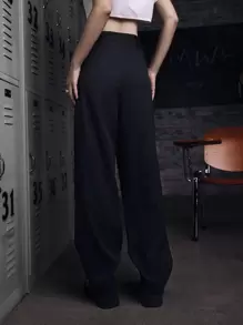 ROMWE Grunge Punk 素色直筒褲不附腰帶 - 黑色 - 查看 6