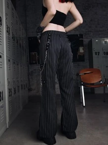 ROMWE Grunge Punk Pantalones con decoración de cadena a rayas, para la escuela