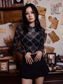 ROMWE Academia Áo nữ Tất cả trên in Gợi cảm - màu đen - Xem 4