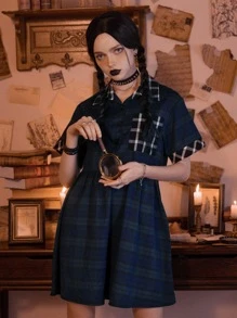 ROMWE Academia Tartan Pocket Button Front Dress - Blue - View 2