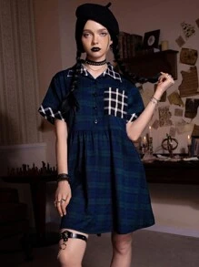 ROMWE Academia Tartan Pocket Button Front Dress - Blue - View 3