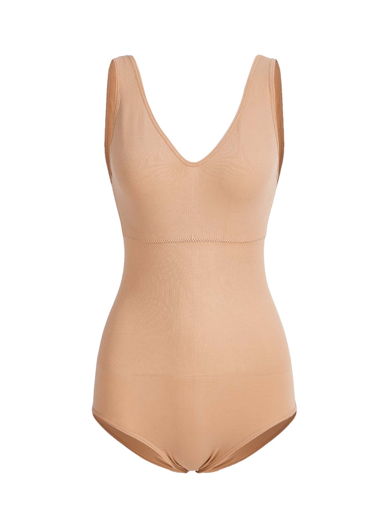 SHAPORA Solid Ribbed Knit Shapewear Bodysuit - Apricot - View 1