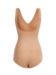 SHAPORA Solid Ribbed Knit Shapewear Bodysuit - Apricot - View 3
