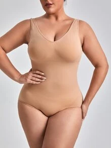 SHAPORA Solid Ribbed Knit Shapewear Bodysuit - Apricot - View 4