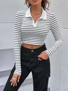 Muchica 女士条纹 Polo 领短款休闲长袖 T 恤 - 黑與白 - 查看 4