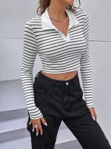 Muchica 女士条纹 Polo 领短款休闲长袖 T 恤 - 黑與白 - 查看 5