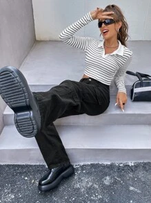 Muchica 女士条纹 Polo 领短款休闲长袖 T 恤 - 黑與白 - 查看 6