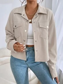 SHEIN EZwear Drop Shoulder Flap Pocket Corduroy Jacket In Fall/Winter - Grey - View 4