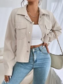 SHEIN EZwear Drop Shoulder Flap Pocket Corduroy Jacket In Fall/Winter - Grey - View 5