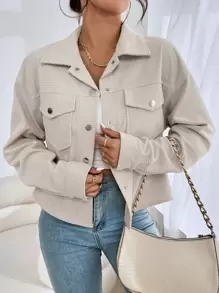 SHEIN EZwear Drop Shoulder Flap Pocket Corduroy Jacket In Fall/Winter - Grey - View 7