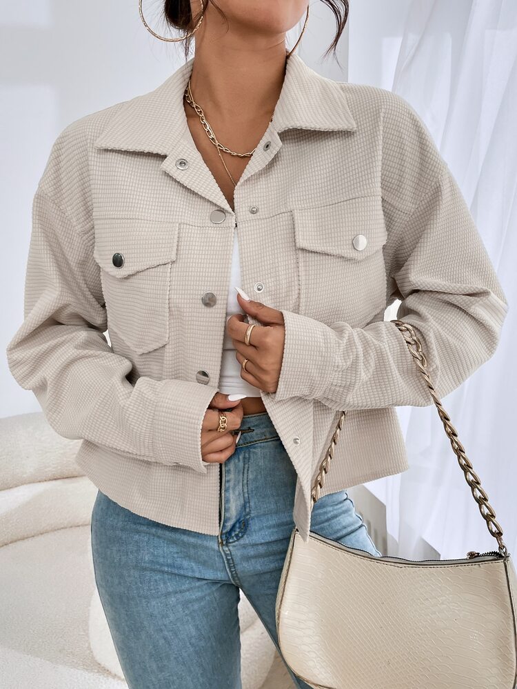 Drop Shoulder Flap Pocket Corduroy Jacket In Fall/Winter