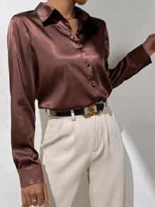BizChic Solid Button Front Satin Shirt Workwear - Coffee Brown - View 1