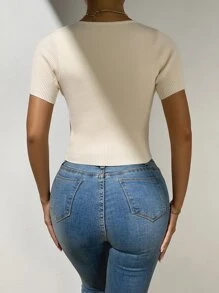 Wrap Cross Ribbed Knit Top - Beige - View 2