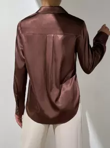 BizChic Solid Button Front Satin Shirt Workwear - Coffee Brown - View 2