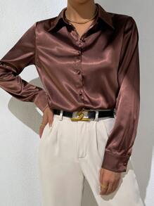 BizChic Solid Button Front Satin Shirt Workwear - Coffee Brown - View 4