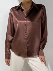 BizChic Solid Button Front Satin Shirt Workwear - Coffee Brown - View 5