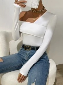 SHEIN Privé Áo thun nữ màu trơn Giải trí - trắng - Xem 4