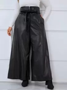Celure 大碼高腰腰帶PU皮革闊腿褲 - 黑色 - 查看 1