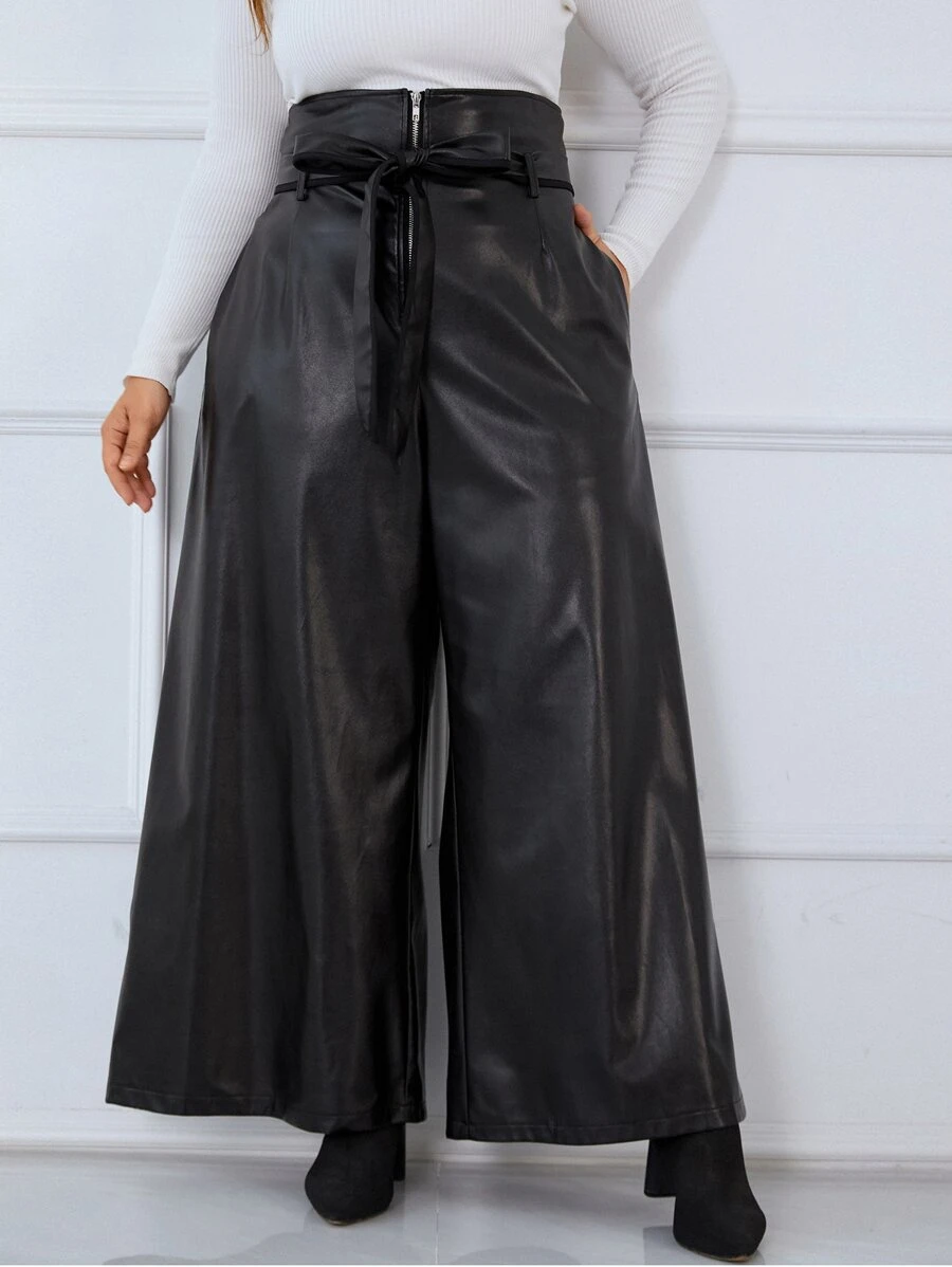 Celure 大碼高腰腰帶PU皮革闊腿褲 - 黑色 - 查看 1