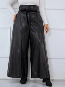 Celure 大碼高腰腰帶PU皮革闊腿褲 - 黑色 - 查看 3
