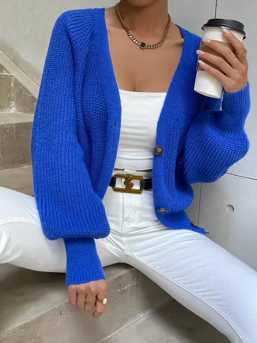 SHEIN Privé Cárdigan de manga raglán tejido de canalé - azul real - Ver 1