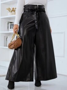Celure 大碼高腰腰帶PU皮革闊腿褲 - 黑色 - 查看 4