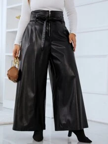 Celure 大碼高腰腰帶PU皮革闊腿褲 - 黑色 - 查看 5