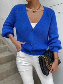 SHEIN Privé Cárdigan de manga raglán tejido de canalé - azul real - Ver 5