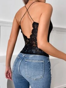 SHEIN Privé Crisscross Back Scallop Trim Cami Top - Black - View 1