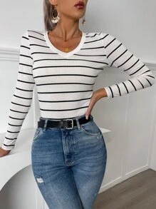 SHEIN Essnce V領條紋圖案羅紋針織T恤 - 黑與白 - 查看 3