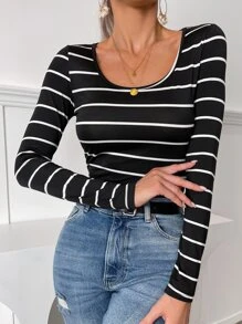 SHEIN Frenchy Striped Scoop Neck Tee Winter Black Casual Black Spring