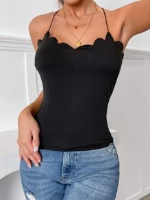 SHEIN Privé Crisscross Back Scallop Trim Cami Top - Black - View 4