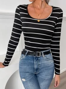 SHEIN Frenchy Striped Scoop Neck Tee Winter Black Casual Black Spring