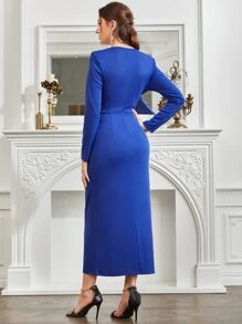 Modelyn 前收褶圍裹素色連衣裙 - 寶藍色 - 查看 2