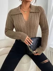 SHEIN Essnce 麻花編織落肩袖套頭毛衣