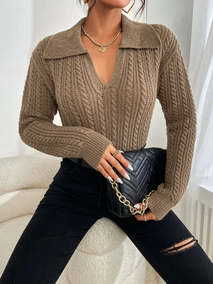 SHEIN Essnce 麻花編織落肩袖套頭毛衣