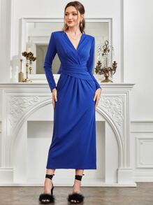 Modelyn 前收褶圍裹素色連衣裙 - 寶藍色 - 查看 4