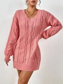 Chiquease Drop Shoulder Cable Knit Jumper Dress Without Belt - Coral Pink - View 4