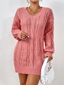Chiquease Drop Shoulder Cable Knit Jumper Dress Without Belt - Coral Pink - View 5
