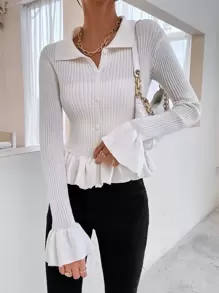 SHEIN Unity Cárdigan de manga con volante bajo con fruncido tejido de canalé - Blanco - Ver 1