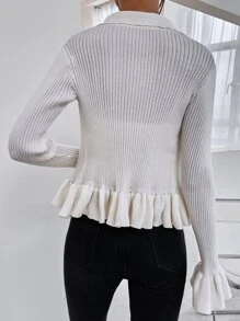 SHEIN Unity Cárdigan de manga con volante bajo con fruncido tejido de canalé - Blanco - Ver 2