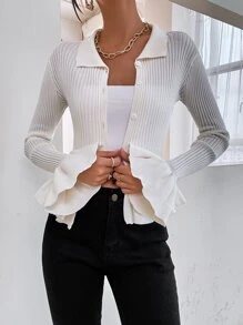 SHEIN Unity Cárdigan de manga con volante bajo con fruncido tejido de canalé - Blanco - Ver 5