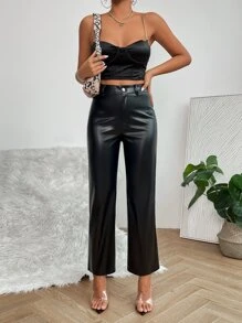 SHEIN PETITE High Waist PU Leather Straight Legs Black Pants - Black - View 2